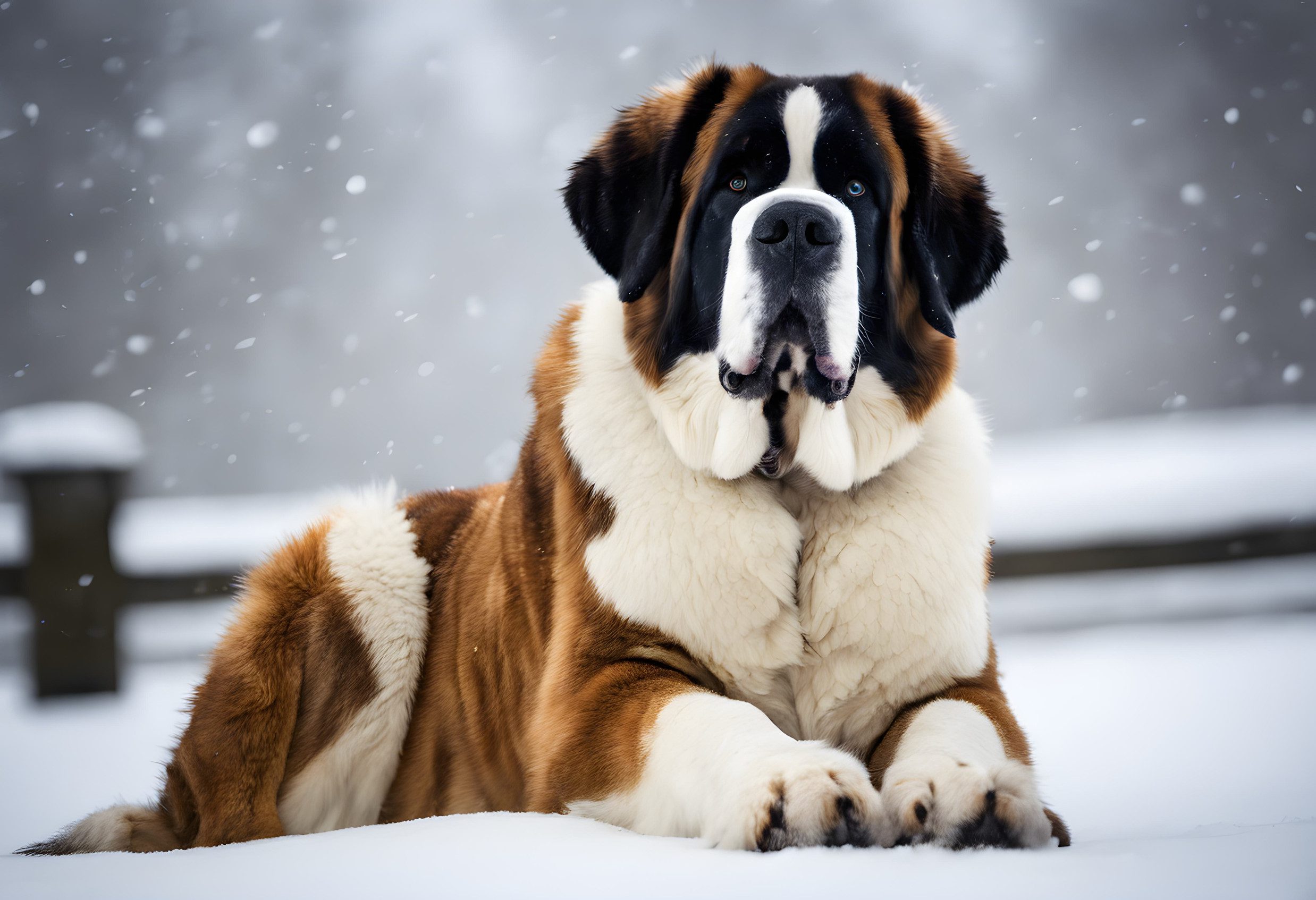Saint Bernard dog sitting on snow covered field and looking at camera.