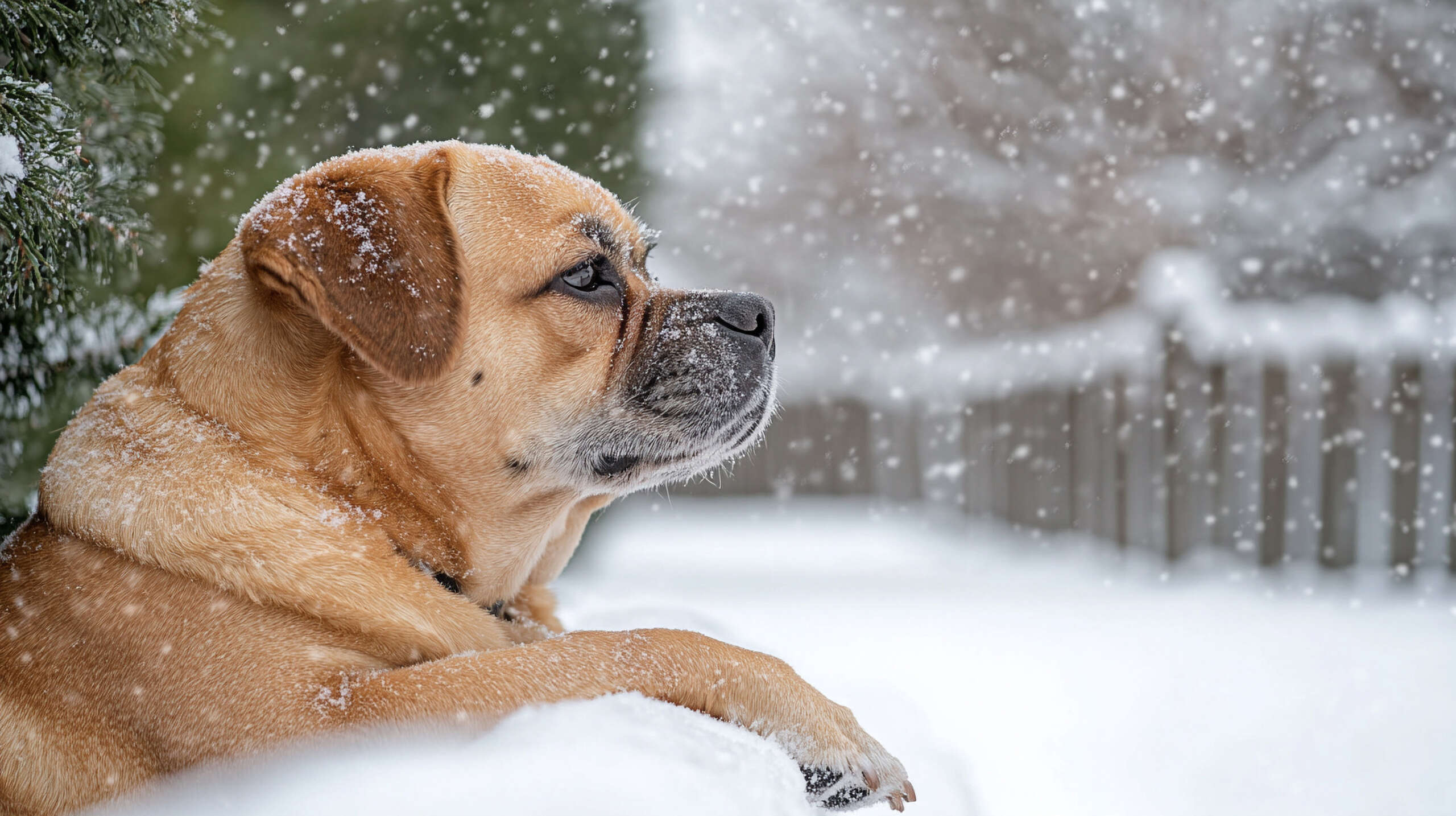 bullmastiff dog on the snow in winter. close-up