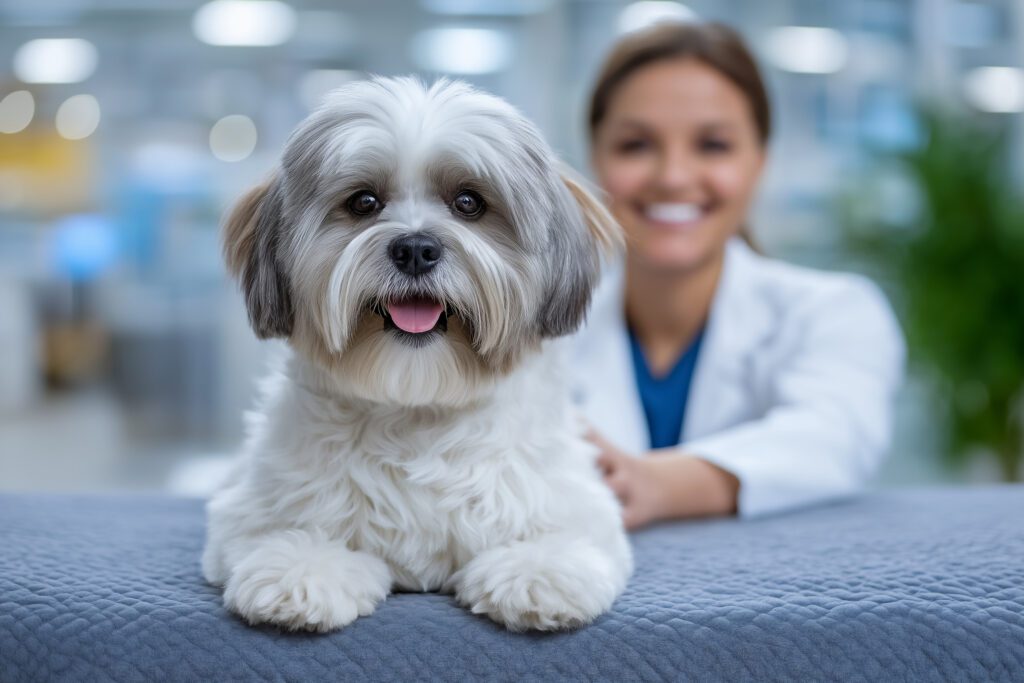 Havapoo Resting On Table In Modern Veterinary Clinic